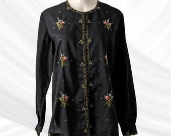Vintage-Bluse mit langen Ärmeln – handbestickt – Größe 42/44