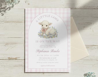 Könnte beinhalten: Eine Babyparty-Einladung mit rosa Vichy-Karo-Rand. Die Einladung zeigt eine Lamm-Illustration mit dem Text "A Little Lamb Is On The Way". Details: Name, Datum, Uhrzeit und Ort.
