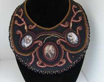 Through windows of time, beaded collar, Bead Embroidered Bib Collar Necklace in brown and gold bronze tones