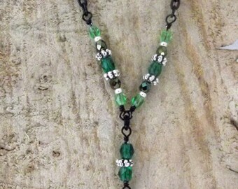 Beautiful Victorian, Mystic style Beaded Black link and chain Necklace with Green Fire Polished Czech Glass Beads