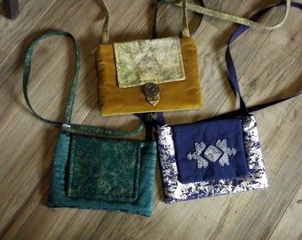 over the head purses, Gold crushed velvet purse, Blue beanded and floral purse, Green upholstery purse