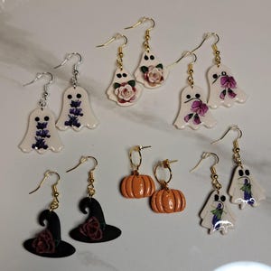 Polymer Earrings / Halloween Earrings / Ghost Earrings / Hypoallergenic/ Handmade/ Pumpkin Earrings / Witches Hat / Lightweight/ Gold Plated