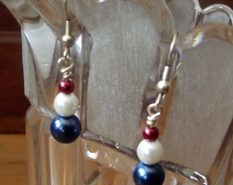 Red White and Blue Dangle Earrings, 4th of July Earrings, Red White and Blue Swarovski Pearl Earrings