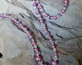 Purple Swarovski Glass Pearls and Amethyst Necklace and Bracelet Set, Amethyst and Purple Swarovski Pearls Nicklace an Bracelet