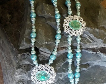 Teal Pearls Necklace Set, Teal Pearls with Silver and Teal Pendent Necklace and Earring Set