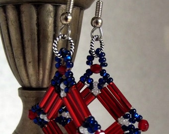 Red, White and Blue Square Earrings, Dangling Red, White and Blue Earrings, 4th of July Earrings