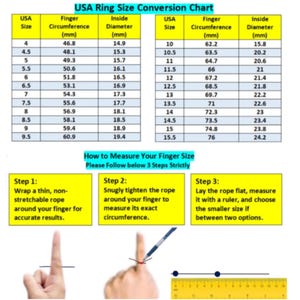 May include: A ring size conversion chart with USA sizes, finger circumference in millimeters, and inside diameter in millimeters. Instructions on how to measure finger size are also included, with diagrams and steps for accurate results.