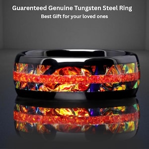 May include: A black tungsten steel ring with a vibrant, multi-colored inlay of red, orange, yellow, and blue. The ring has a glossy finish and the text "Guaranteed Genuine Tungsten Steel Ring Best Gift for your loved ones".