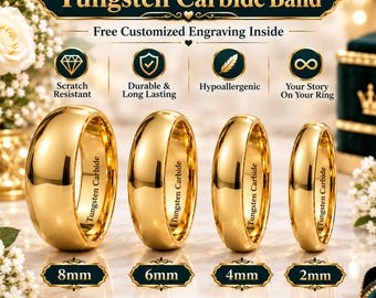 May include: Four gold-colored tungsten carbide bands in 8mm, 6mm, 4mm, and 2mm widths. Each ring features a polished finish and the text Tungsten Carbide engraved on the inner surface. The image includes text labels for features like scratch resistant, durable, and hypoallergenic.