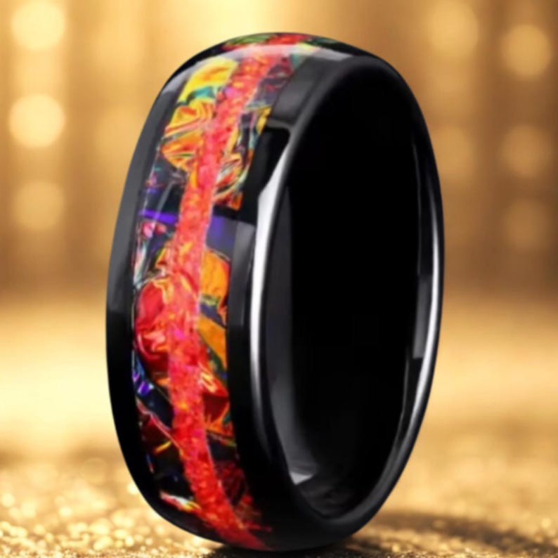 Red Fire Opal Tungsten Steel Ring: Black Nebula Wedding Band image 5