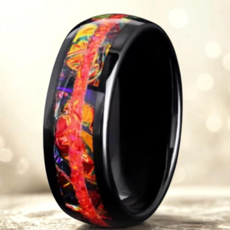 Red Fire Opal Tungsten Steel Ring: Black Nebula Wedding Band image 7