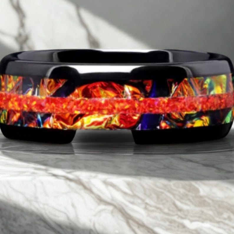 Red Fire Opal Tungsten Steel Ring: Black Nebula Wedding Band image 4