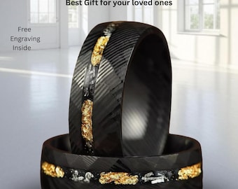 Damascus Steel Ring: Meteorite & Gold Leaf Inlay, Black Hammered Wedding Band