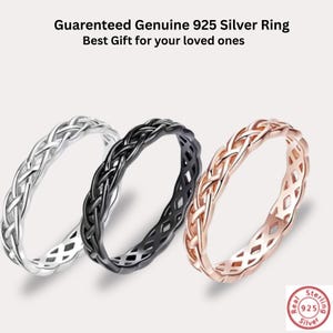 May include: Three braided design rings in silver, black, and rose gold. The rings are made of 925 silver. The text at the top says "Guaranteed Genuine 925 Silver Ring Best Gift for your loved ones."