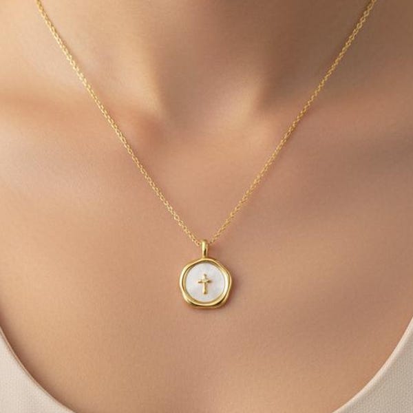 Pärlemorkorshalsband för henne, korshänge i sterlingsilver, kristna halsbandssmycken, examensdoppresent till mamma