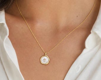 Gold Mother of Pearl Cross Necklace for Women, Sterling Silver Christian Cross Jewelry, Catholic Pendant, Confirmation Baptism Gift for Her