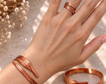 Conjunto de pulsera y anillo de cobre 100% puro, joyería de cobre macizo auténtico sin recubrimiento, brazalete y anillo abiertos ajustables, joyería a juego con forma de pluma.
