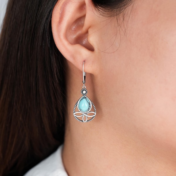 Sterling Silver Turquoise Teardrop Earrings, Boho Dangling Earrings, Western Bohemian Turquoise Jewelry, Birthday Graduation Gift for Her
