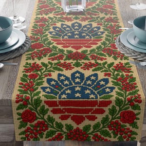 America 250 Commemorative Floral Table Runner | Patriotic Medallion Flag Motif | Vintage Americana Farmhouse Decor