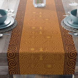 Trypillian Code Table Runner, Ancient Symbolism Terracotta Table Decor, Ethno Modern Brown Ochre Runner, Sacred Geometry Linens for table