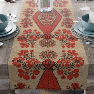 Berehynia Table Runner, Ukrainian Protective Symbol, Red Black Folk Pattern, Cultural Dining Decor for Home, Red Black Pattern, Housewarming