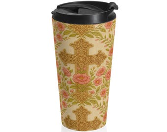 Blessed Home Collection: Floral Cross Travel Mug | Vintage Rose Stainless Steel Tumbler | Religious Christian Gift for Women