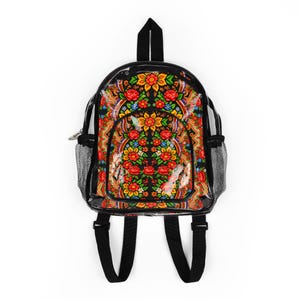 Mochila transparente Mother's Bloom para estadio, bolso transparente de arte popular ucraniano, mochila de PVC con diseño floral, mochila para conciertos y eventos con diseño floral eslavo.