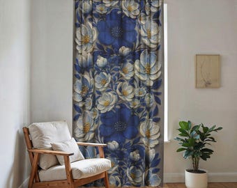Colección Denim Soul, panel de cortina transparente con estampado floral azul, cortina botánica índigo para ventana, ligera, azul marino, blanca, con flores, para sala de estar o dormitorio.