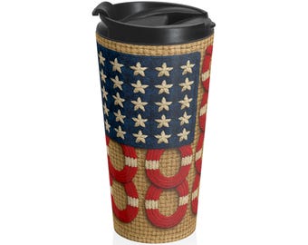 Rooted Knot Collection: American Flag Horseshoe Travel Mug | Patriotic Stainless Steel Tumbler | Americana Farmhouse Gift