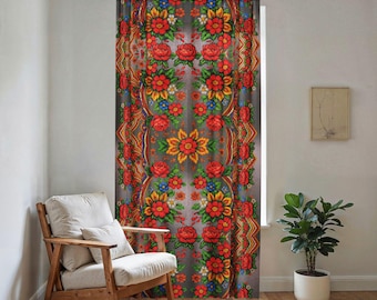 Cortina transparente Mother's Bloom, panel de arte popular de estilo ucraniano, decoración floral eslava vintage para habitaciones, cortinas filtrantes de color gris suave.