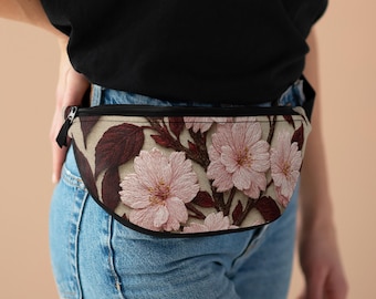 Heuptasje Sakura Noir - vintage roze kersenbloesem heuptas, botanische schoudertas, cadeau voor haar