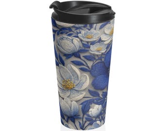 Taza de viaje floral azul de acero inoxidable, vaso térmico Denim Soul Indigo Flower, taza aislante Deinty White Gold Blossom, 444 ml (15 oz)