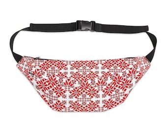 Riñonera folclórica ucraniana - Colección Mariia Red - Riñonera geométrica roja y blanca - Riñonera grande de estilo étnico con bordado