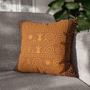 Trypillian Code Boho Throw Pillow Case, Square Spun Polyester Pillow Cover, Terracotta Ethnic Sun Motif Cushion, Ancient Symbols Folk Decor