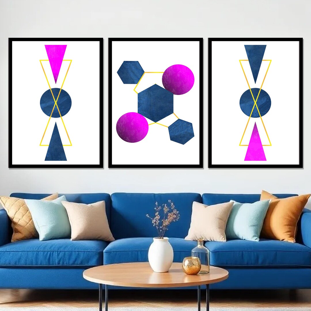 Modern Wall Art Set of 3 Mid Century Blue Geometric Prints Boho ...