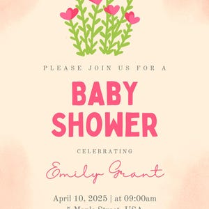 Cyfrowe zaproszenie na baby shower dla dziewczynki, różowy wzór kwiatowy, 5 x 7 do pobrania cyfrowego