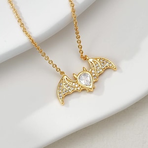 Halloween Bat Necklace Gift for Her, Gold Vampire Bat CZ Pendant, Gothic Spooky Jewelry Gift for Women, Tiny Summerween Necklace for Girls