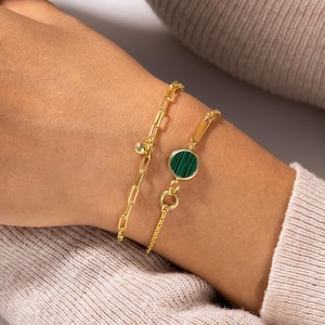 Small Malachite Gemstone Bracelet for Women, Gold Healing Protective Crystal Bracelet, Sterling Silver Chain, Birthday Gift for Her Mom Wife