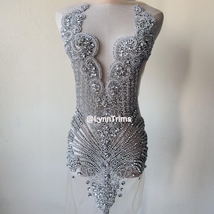 Super Sparkling Silver Rhinestone Bodice front applique Bridal dress Bodice, Partydress Crystal Rhinestone Bodice Applique on Tulle