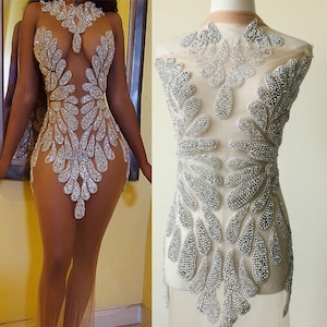 Puede incluir: Un vestido transparente de color nude adornado con intrincados adornos de pedrería plateada. El diseño presenta un patrón en forma de hoja que desciende por el corpiño y la falda, creando un aspecto brillante y elegante. El vestido se muestra en un maniquí y lo lleva una persona.
