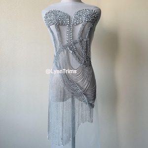 Silver Fringes Bodice Beaded 3D Applique Rhinestone Haute Couture Applique Bridal Gown Prom, Birthday Dress, Pageant Dance Costume