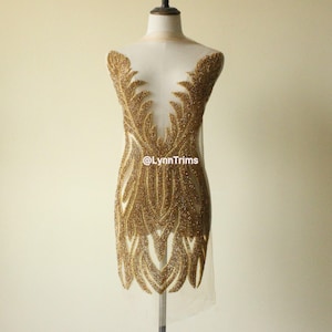 Gold rhinestone bodice applique designer mesh Appliqué Perfect for Wedding, Prom,engagement,night dress any occasion ,elegant romantic style