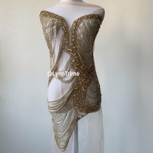 Silver/Gold Rhinestone Chain Bodice Applique Waterfall Applique Elegant Handmade Crystal Tassel Trim Panel Formal Prom Crystal Design