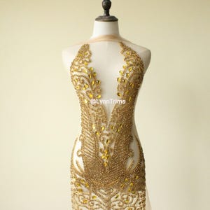 Gorgeous Gold Parker Rhinestone Applique On Mesh Super Large Bodice Patch Beaded Applique Haute Couture Dress Applique for ball gown formal