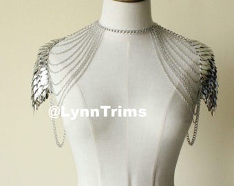 Warrior Scalemail Chainmail Shoulder Harness spaulder pauldron Adjustable Neck Piece Burning Man Dragon scales Armour Metal Shiny