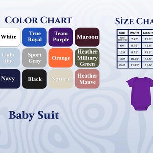 May include: Color chart with color swatches including red, white, and navy. A size chart shows measurements for baby suits. A purple baby suit is displayed. The text "Baby Suit" is at the bottom.