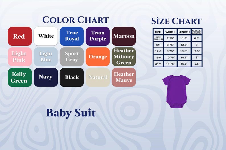 May include: Color chart with color swatches including red, white, and navy. A size chart shows measurements for baby suits. A purple baby suit is displayed. The text "Baby Suit" is at the bottom.