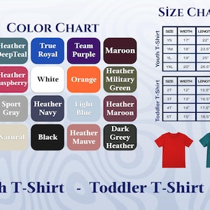 May include: Image featuring a color chart with various hues like red, blue, and green, alongside a size chart for youth and toddler t-shirts. The text reads "Youth T-Shirt - Toddler T-Shirt".