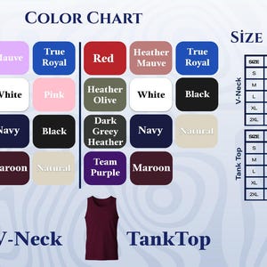 May include: Color chart and size chart for V-neck and tank top shirts. The color chart displays various colors, including red, white, and black. The size chart provides measurements in inches for width and length across different sizes.