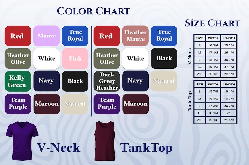 May include: Color chart and size chart for V-neck and tank top shirts. The color chart displays various colors, including red, white, and black. The size chart provides measurements in inches for width and length across different sizes.